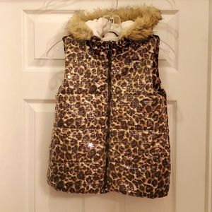 The Children's Place Leopard Vest w/ fur collar & sparkly front L 10/12 like new